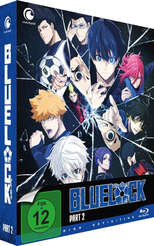 Blu-ray-Cover mit Anime-Charakteren. Titel: Blue Lock, Teil 2. Enthält verschiedene Charaktere mit unterschiedlichen Haarfarben und Ausdrücken.