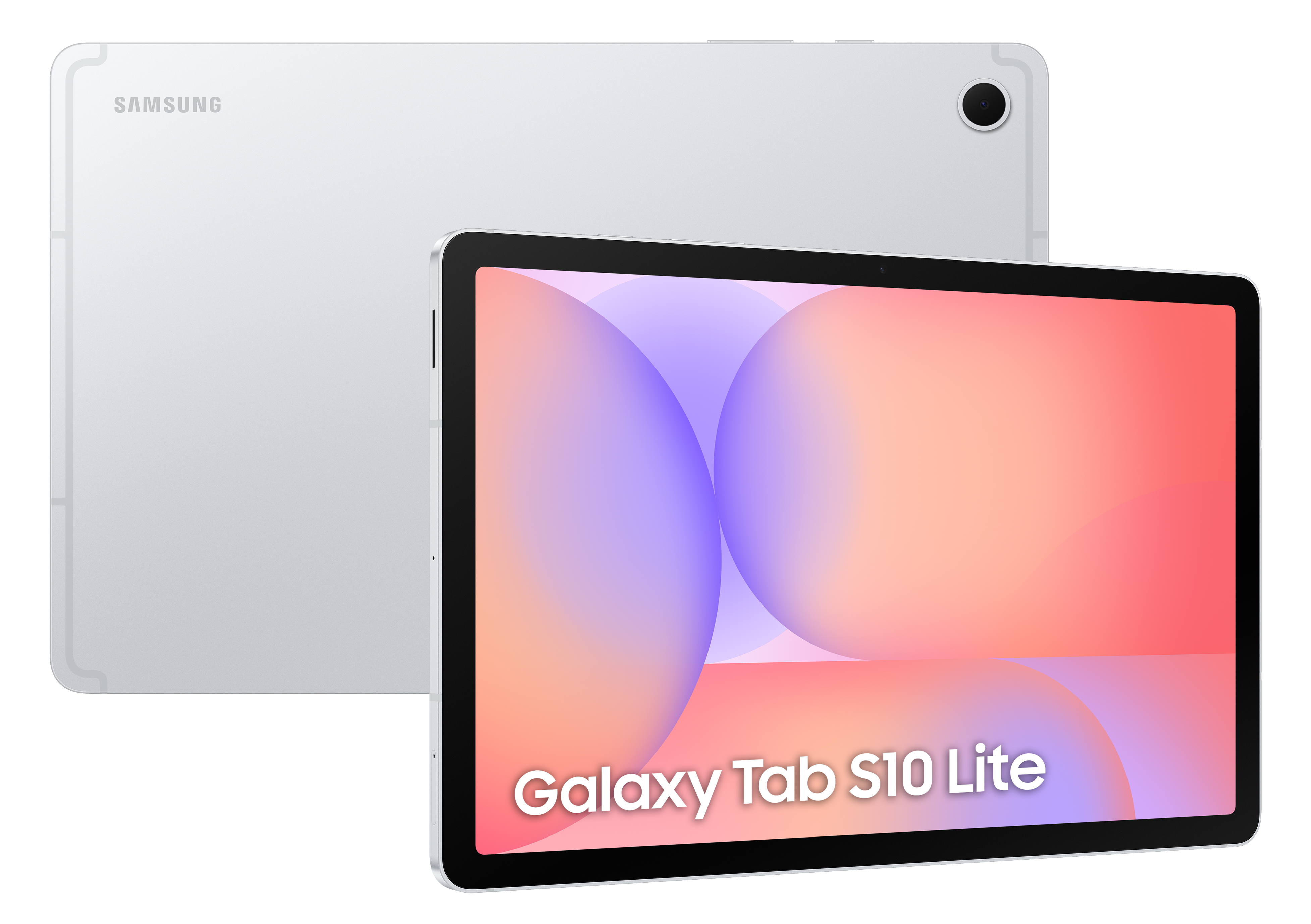 Wyświetlany jest biały tablet Samsung Galaxy Tab S10 Lite. Ekran wyświetla kolorowy gradient. Tło jest czarne.