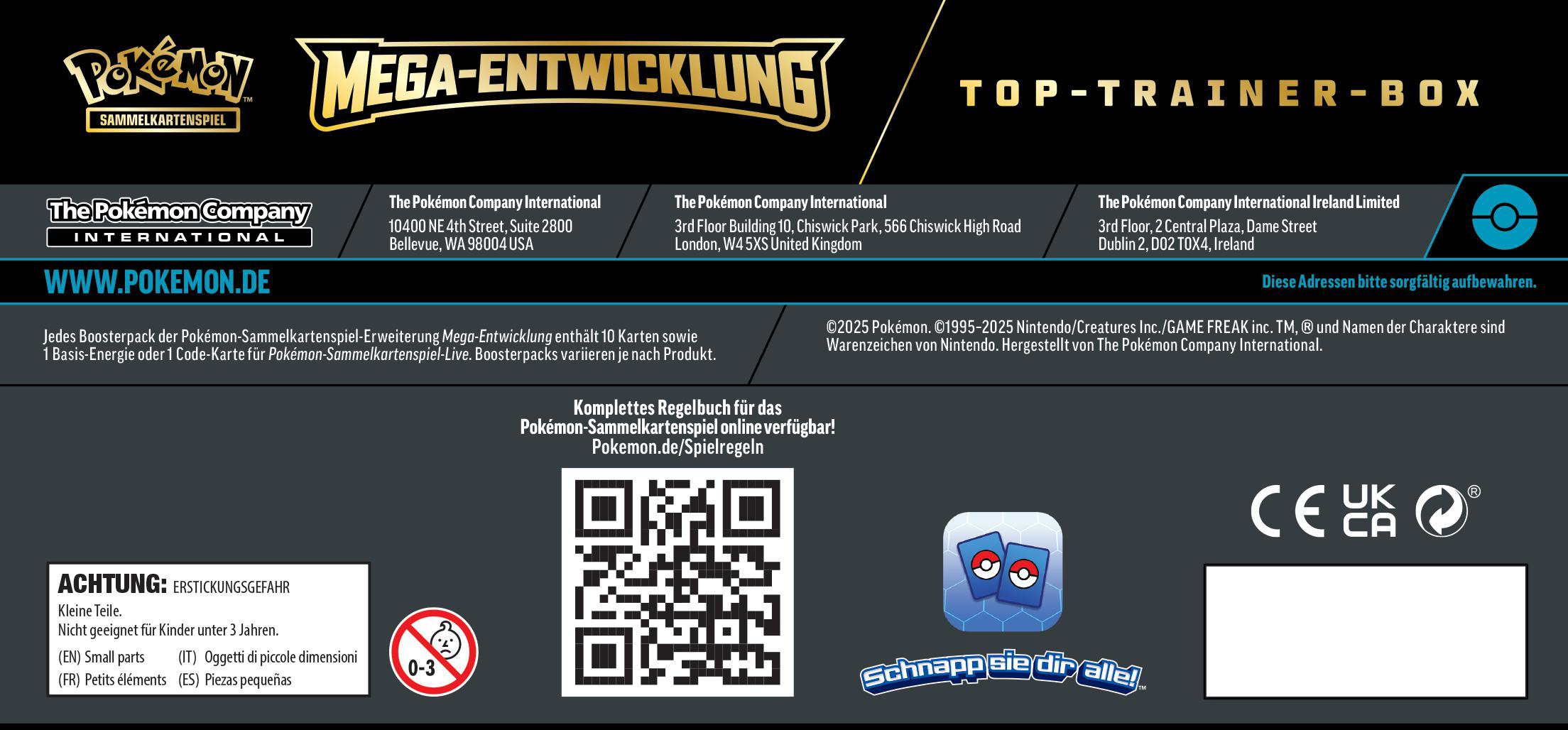Das Bild zeigt eine Pokémon-Produktbox mit Logos, Text und Warnungen. Es hat einen schwarzen Hintergrund und Text in verschiedenen Sprachen.