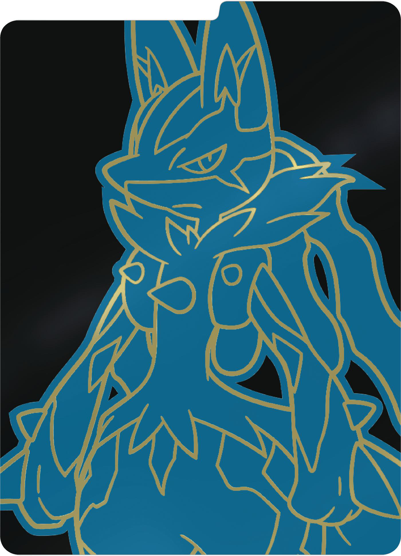Eine blau-goldene Lucario-Illustration auf schwarzem Grund. Es hat eine detaillierte Umrisszeichnung, die die Merkmale eines Charakters zeigt.