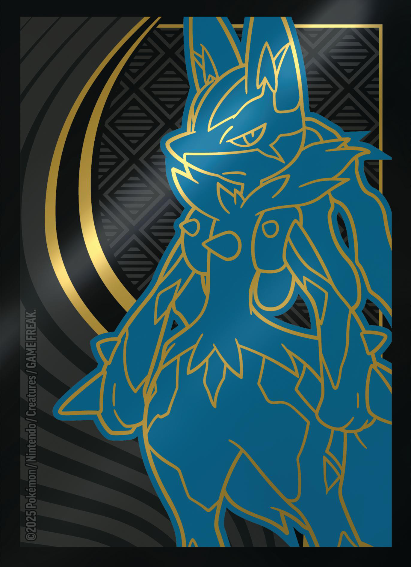Blaue und goldene Lucario-Illustration auf schwarzem Hintergrund. Goldene Linien umreißen die Figur. Geometrische Muster und goldene Streifen sind im Hintergrund.