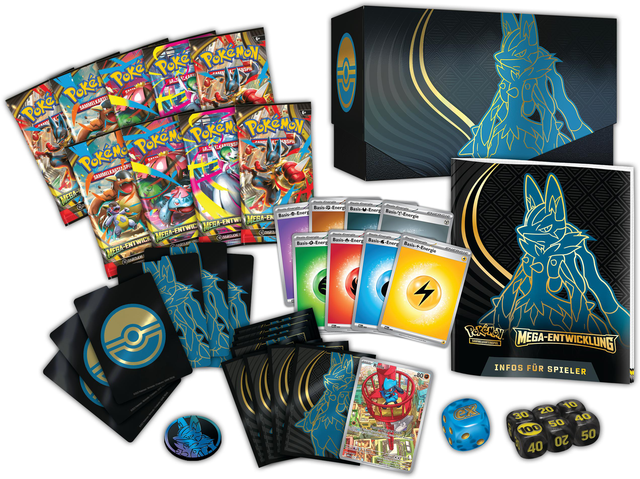 Ein Pokémon-Kartenspiel-Set. Packungen, Karten, Würfel und eine Box mit Lucario-Kunst sind sichtbar.