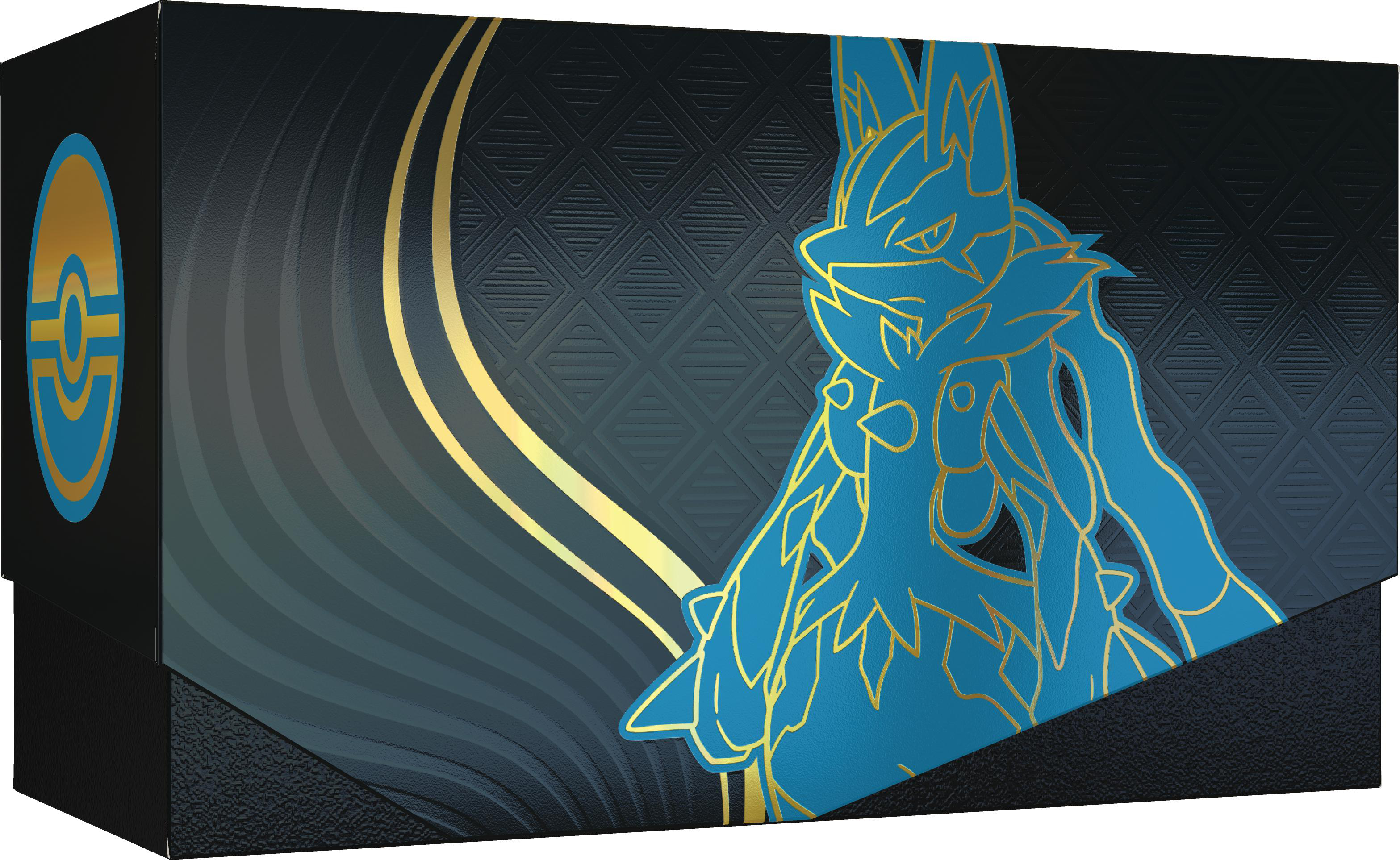 Eine Box mit blauem Lucario-Design, goldenen Akzenten und schwarzem Hintergrund. Die Box hat ein blaues und goldenes Pokemon-Logo.