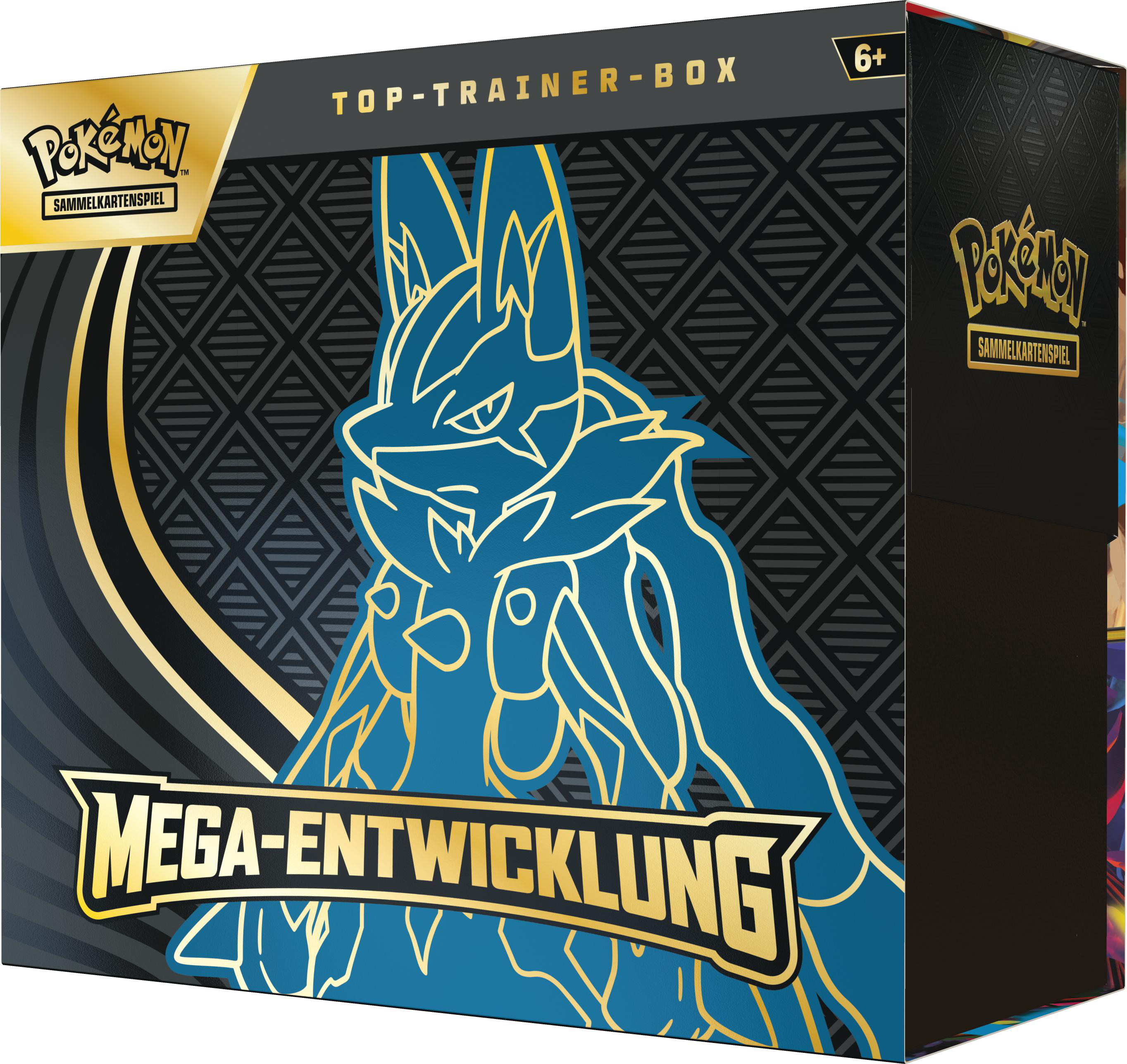 Eine Pokémon Top-Trainer-Box mit Lucario-Design. Sie hat blaue und goldene Akzente, und die Worte MEGA-ENTWICKLUNG sind sichtbar.