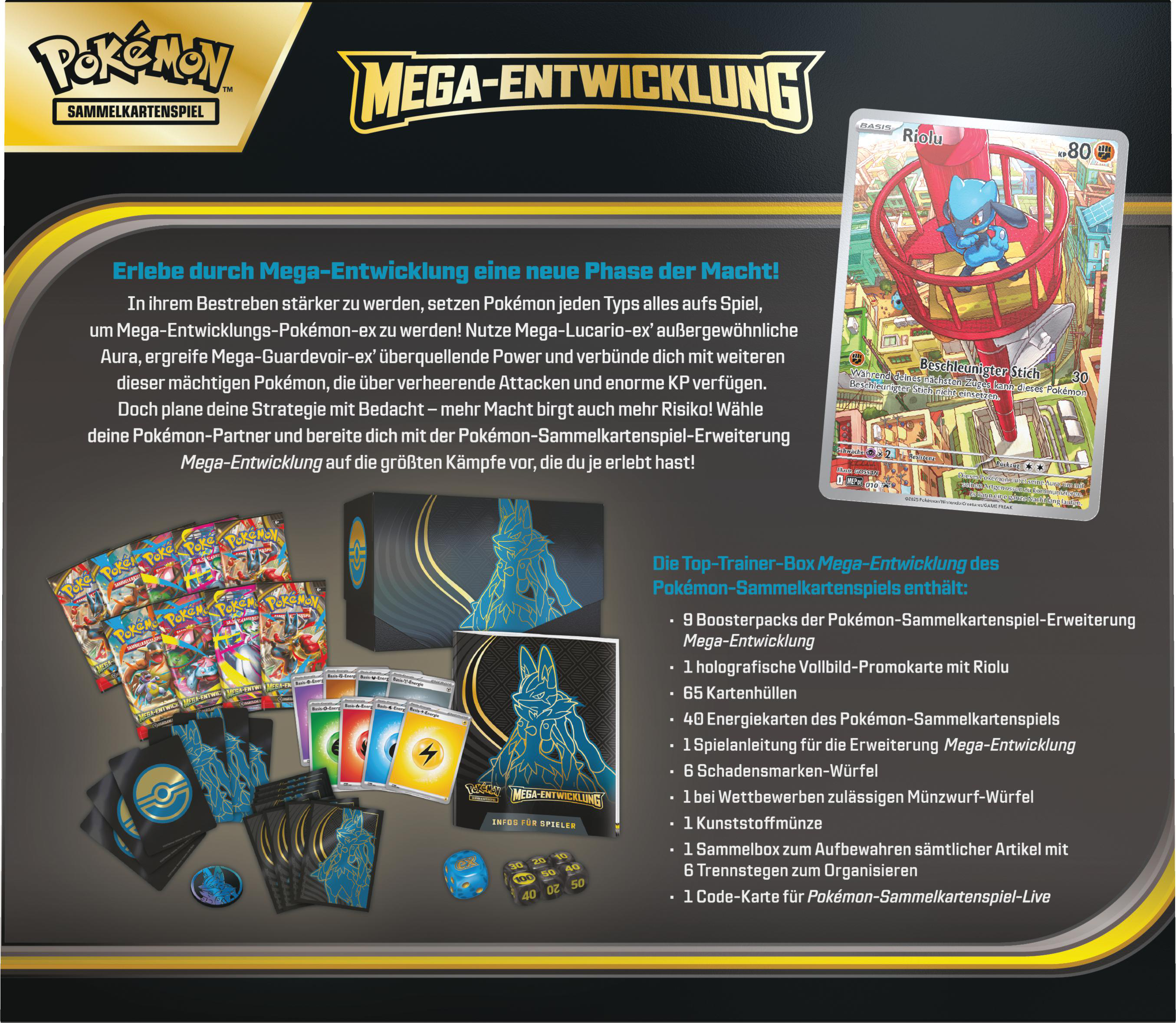 Eine Pokémon-TCG-Box mit Karten, Würfeln und einer Riolu-Karte. Die Box ist schwarz mit goldenen Akzenten und blauen Illustrationen.