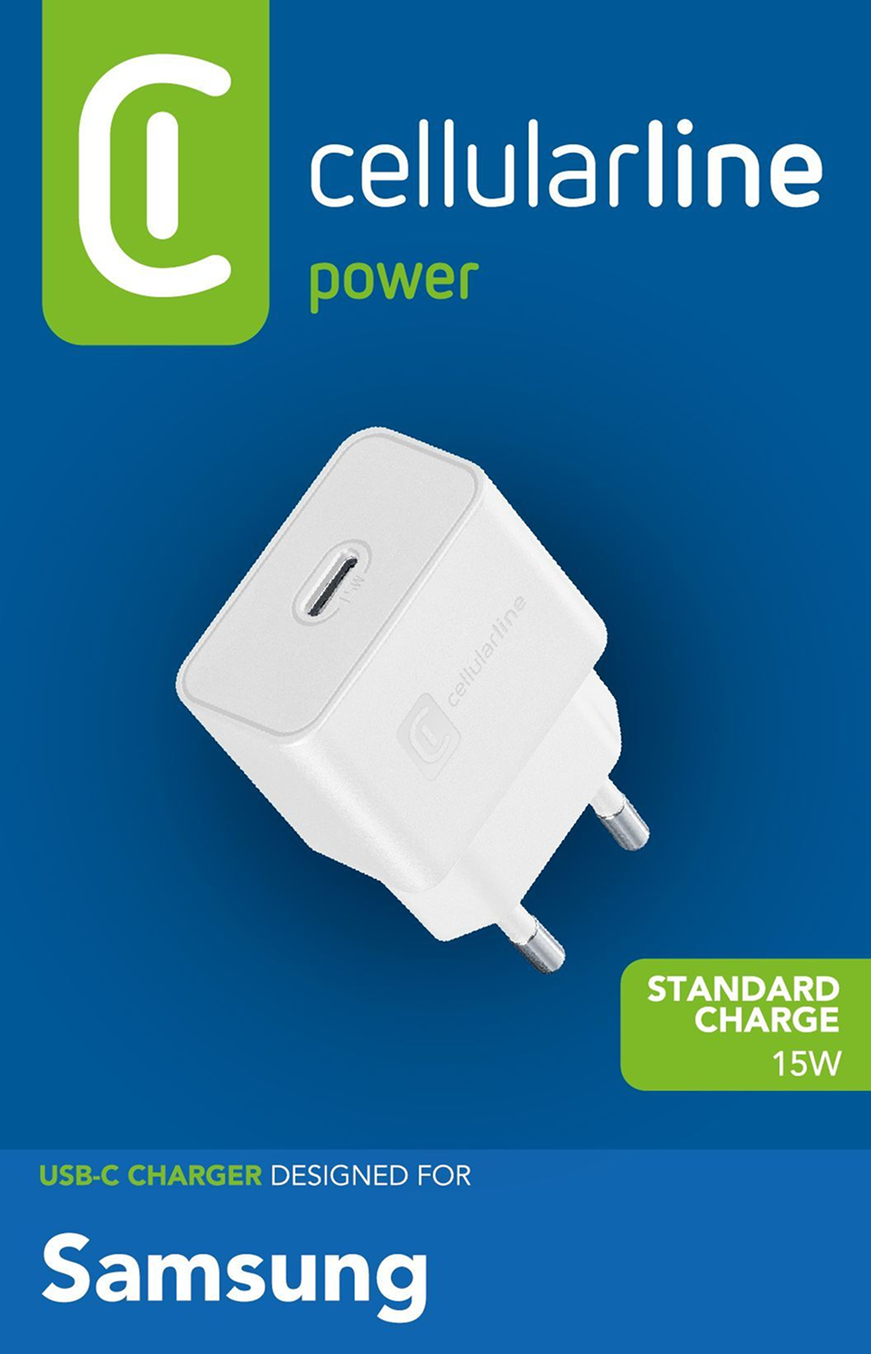 Un cargador USB-C blanco con enchufe sobre un fondo azul. Se ve la marca Cellularline. Diseñado para Samsung.