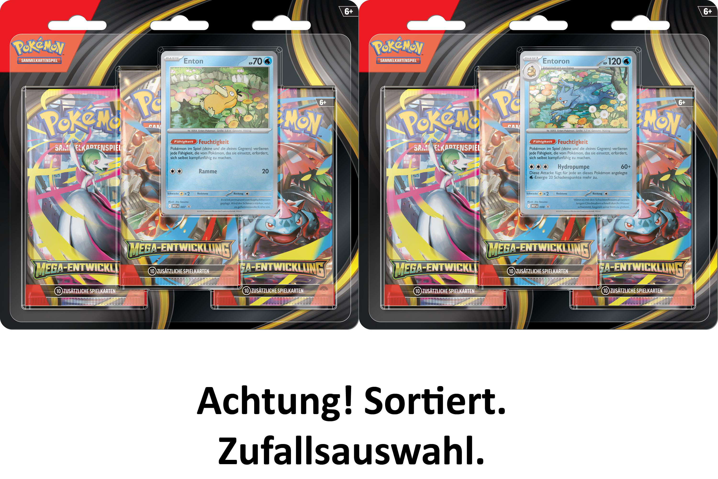 Zwei Pokémon-Kartenpackungen sind abgebildet. Jede Packung enthält Pokémon-Karten und zusätzliche Karten. Der Text lautet 'Mega-Entwicklung'.
