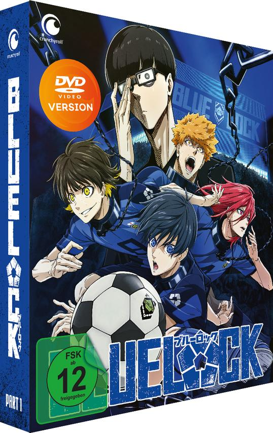 DVD-Cover von Blue Lock. Charaktere mit unterschiedlichen Haarfarben umgeben einen Fußball. Text enthält Titel, Logos und Altersfreigabe.