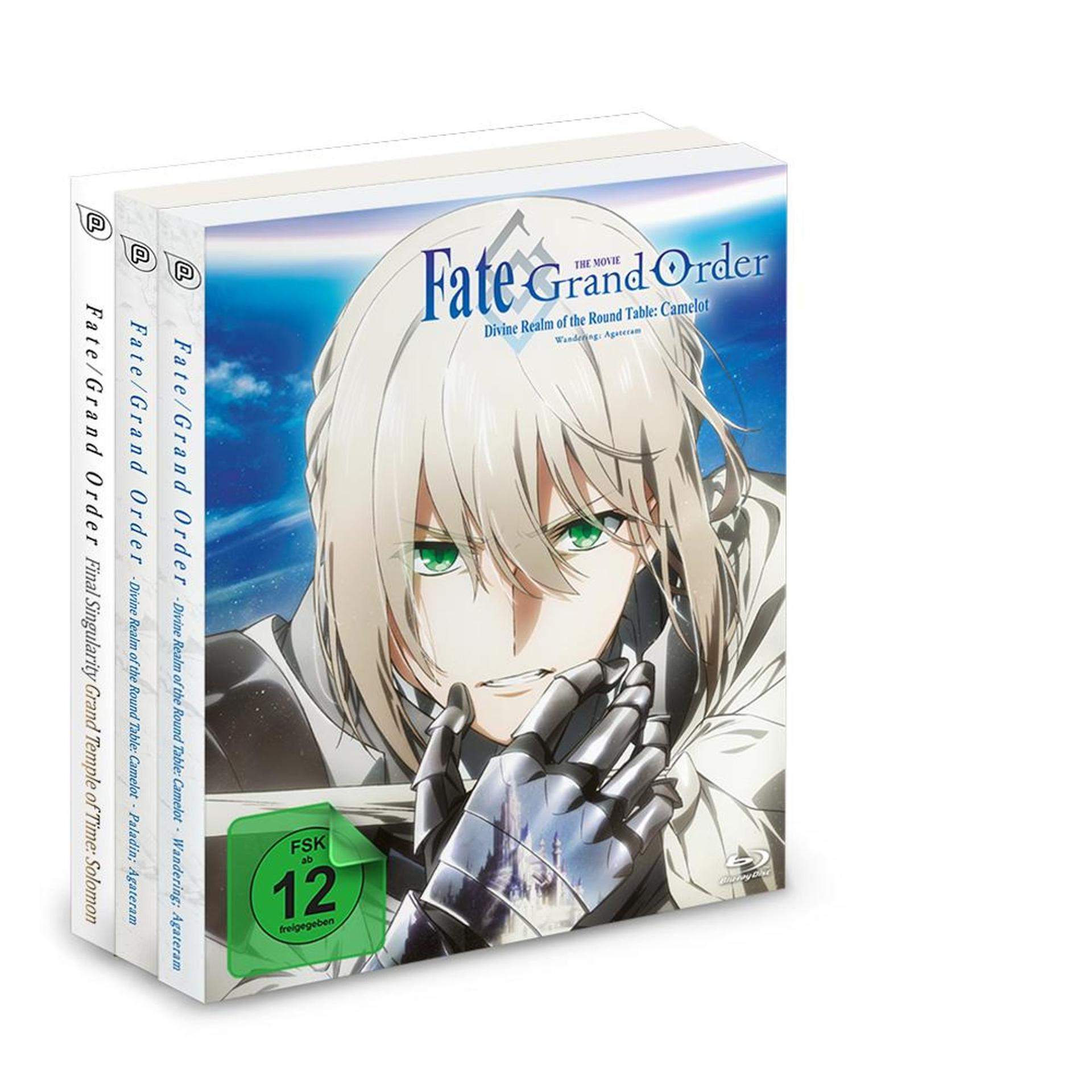 Anime Blu-ray-Set von Fate/Grand Order. Verfügt über einen Charakter mit grünen Augen, gepanzerten Händen und dem Titeltext. Enthält drei Hüllen.