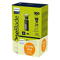MediaMarkt PHILIPS OneBlade Pro 360 Face & Body bundel QP6652/61 Multigroomer Chroom + QP430/50 mesjes 3x aanbieding