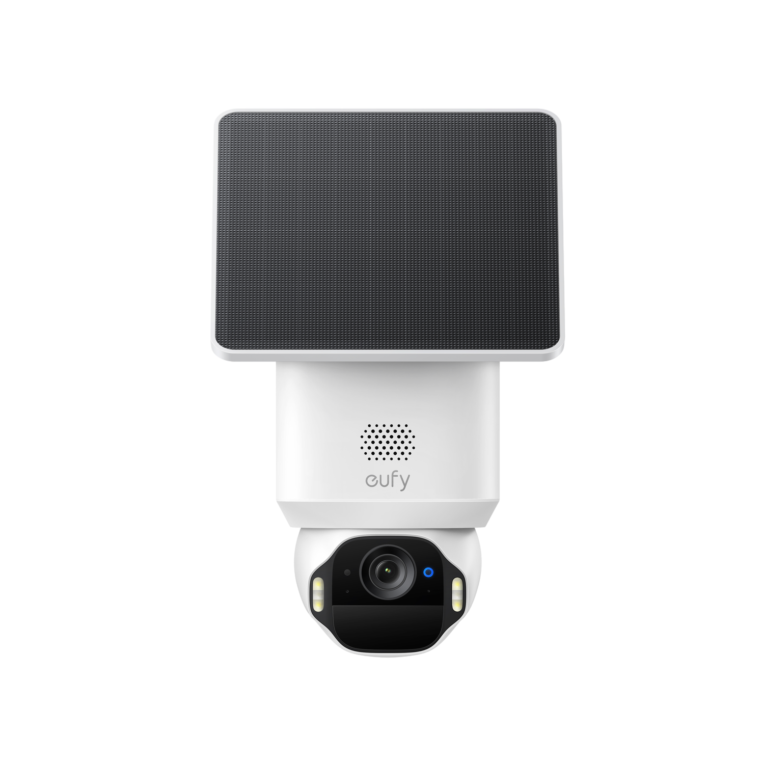 Een witte eufy beveiligingscamera met zonnepaneel, lens en lampjes op een zwarte achtergrond.