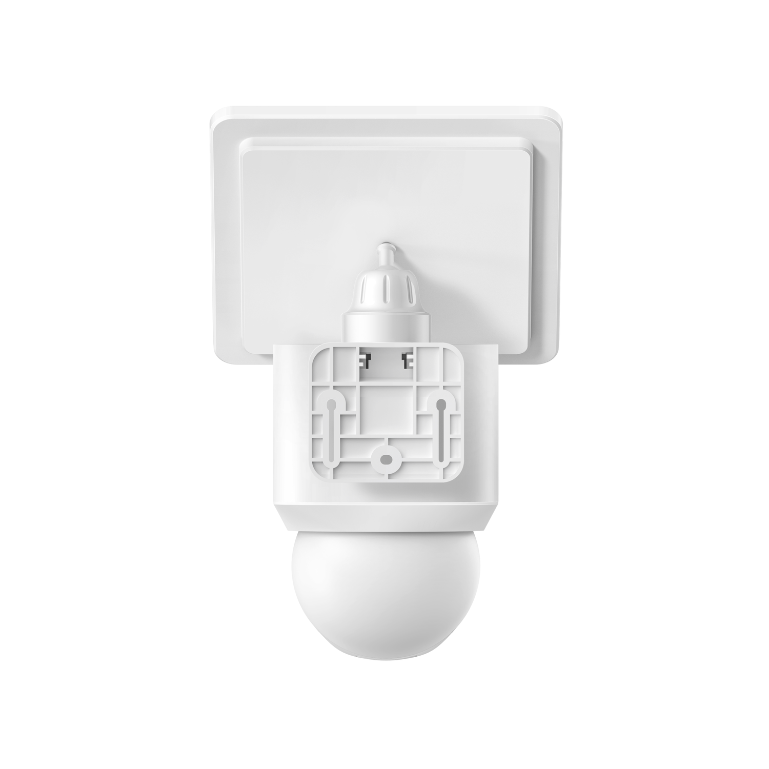 Een witte bewegingssensor. Het heeft een rechthoekige bovenkant, een vierkant middengedeelte met een montagebeugel en een afgeronde onderkant.