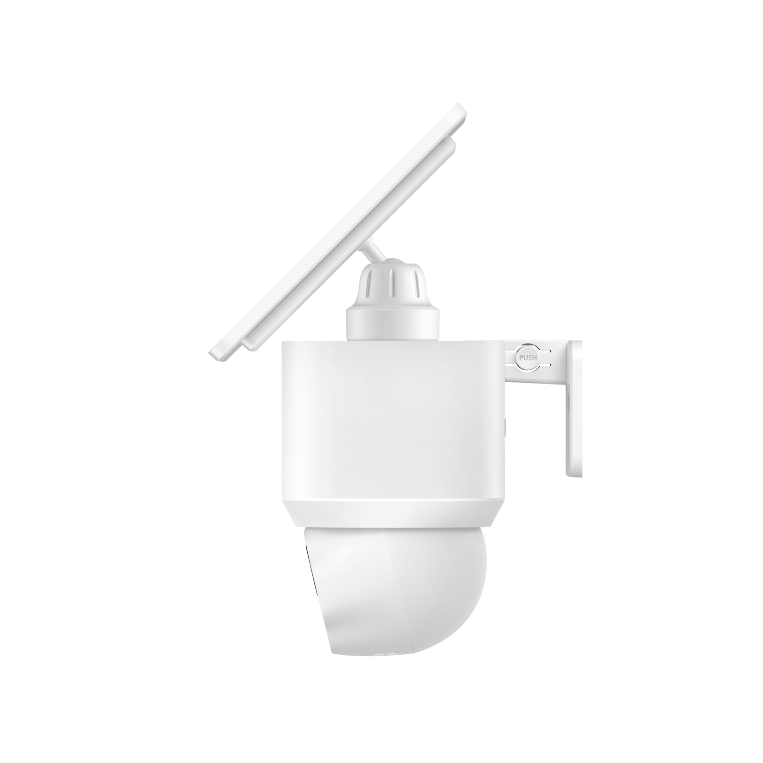 Een witte beveiligingscamera met een zonnepaneel bovenop. Het heeft een ronde camerakop. Het woord "PUSH" is zichtbaar aan de zijkant.
