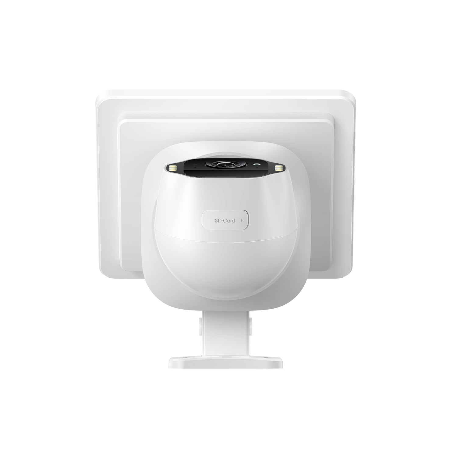 Een witte beveiligingscamera op een standaard. Het heeft een afgeronde behuizing met een lens en SD-kaartsleuf. De camera is op een wit oppervlak gemonteerd.