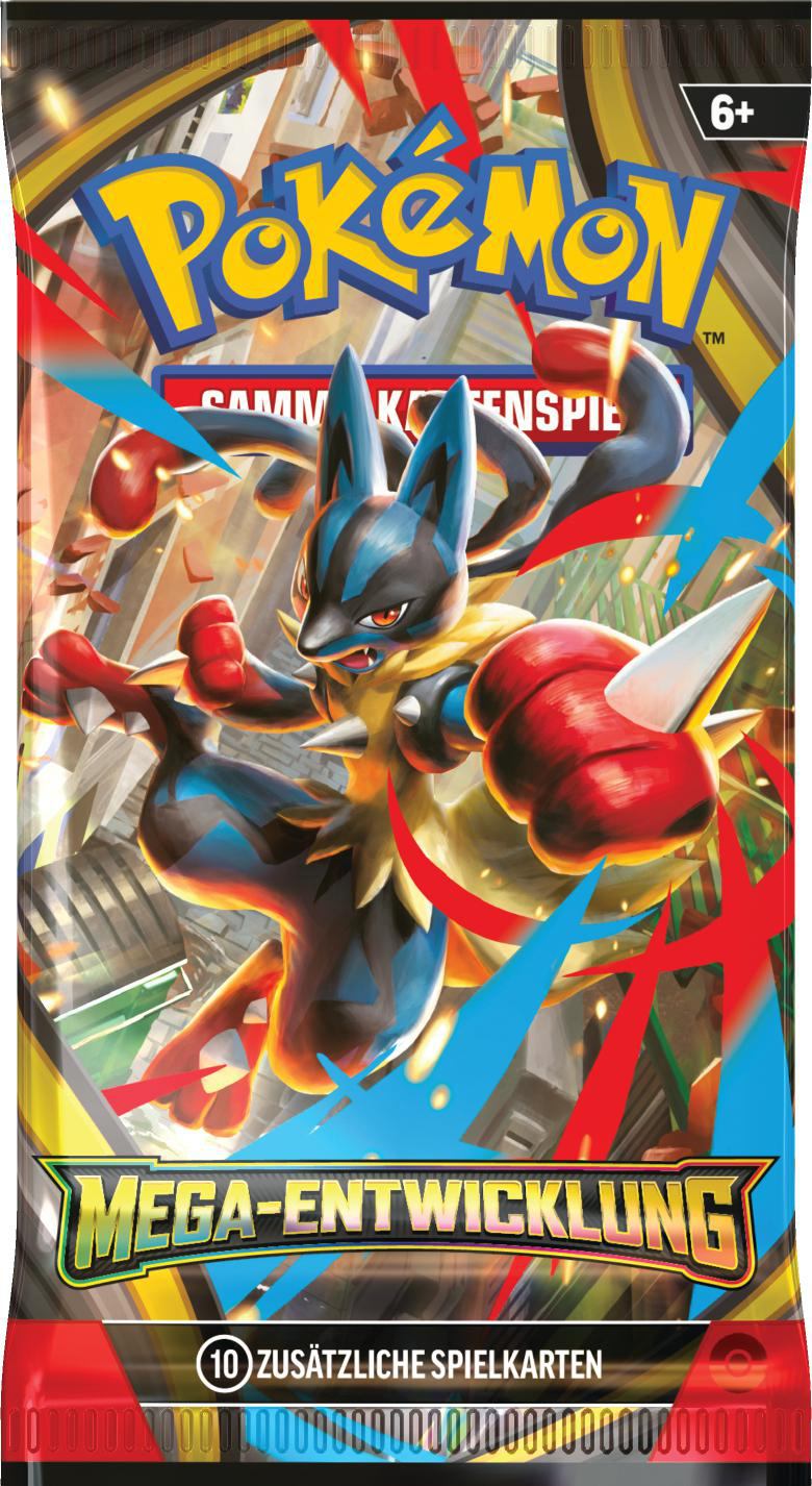Eine Pokemon-Sammelkartenspielpackung mit Lucario. Es hat das Pokemon-Logo, den Text 'MEGA-ENTWICKLUNG' und '10 zusätzliche Spielkarten'.