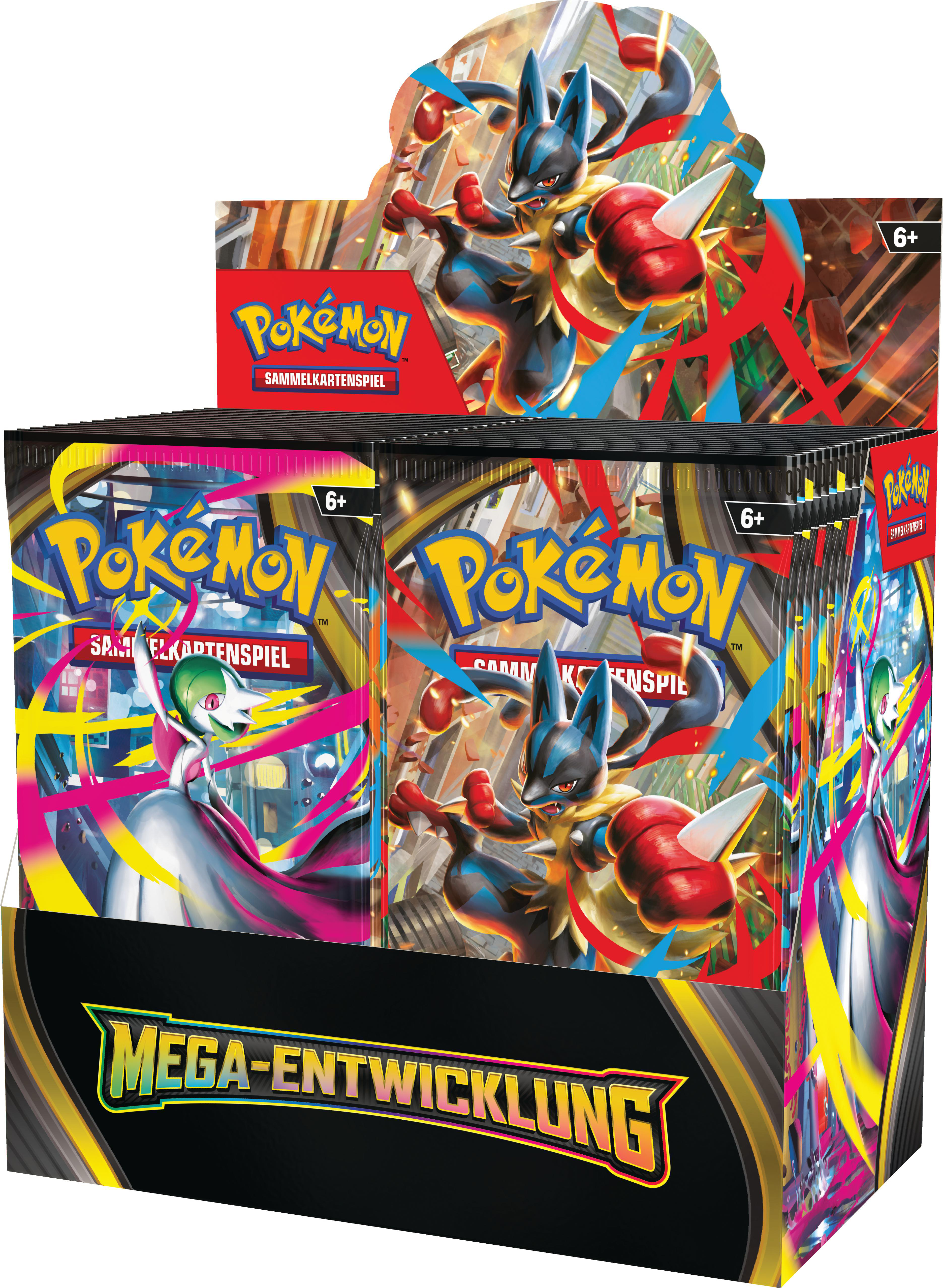 Eine Pokemon-Karten-Displaybox mit Lucario- und Gardevoir-Kunstwerken. Die Box trägt die Aufschrift 'Mega-Entwicklung'.