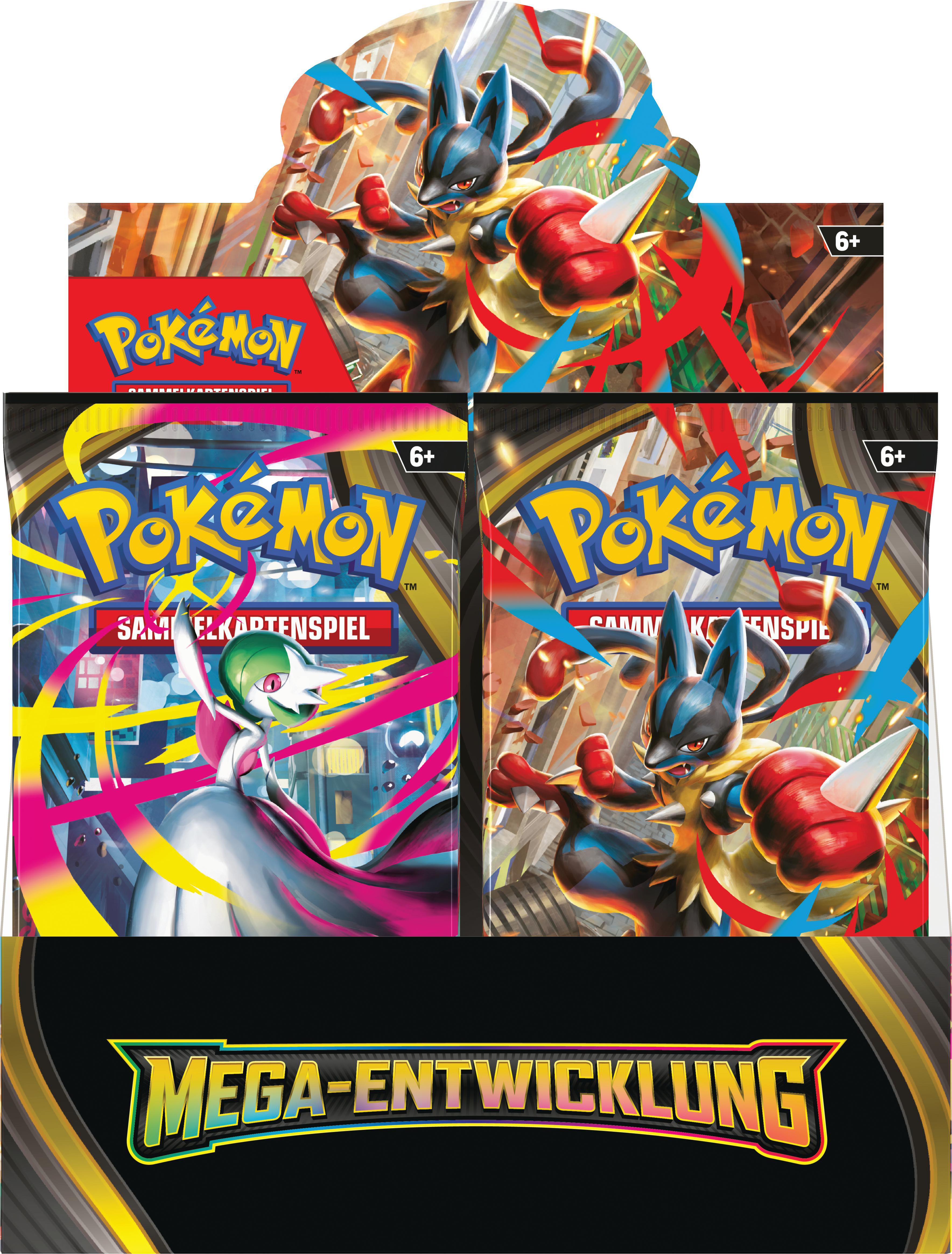 Das Bild zeigt Pokémon-Kartenpackungen mit Lucario und Guardevoir. Oben ist eine Lucario-Grafik. Unten ist ein Mega-Entwicklung-Logo.