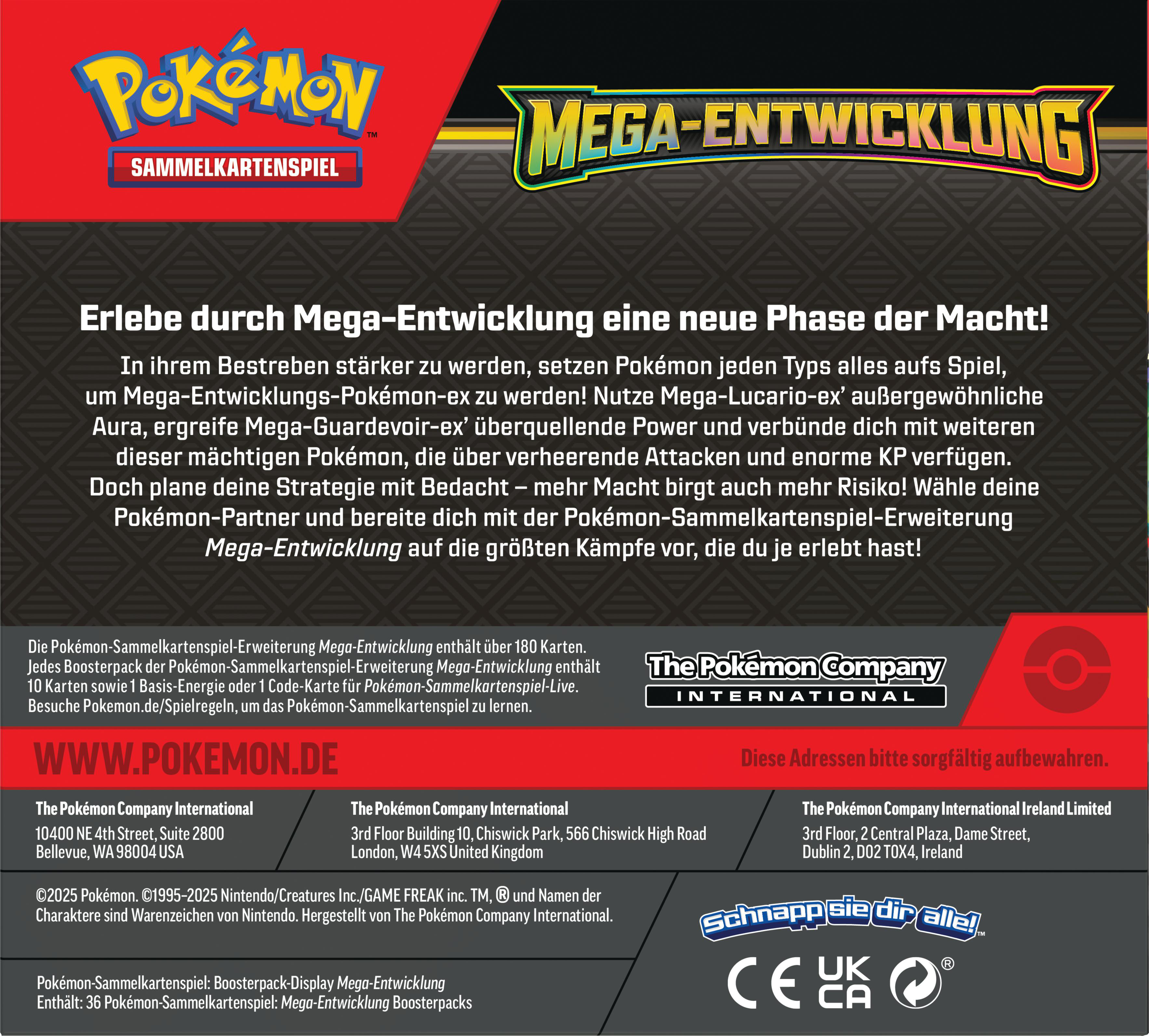 Das Bild zeigt eine Pokémon-Kartenspielbox mit dem Titel 'Mega-Entwicklung'. Es hat Logos und Text auf Deutsch.