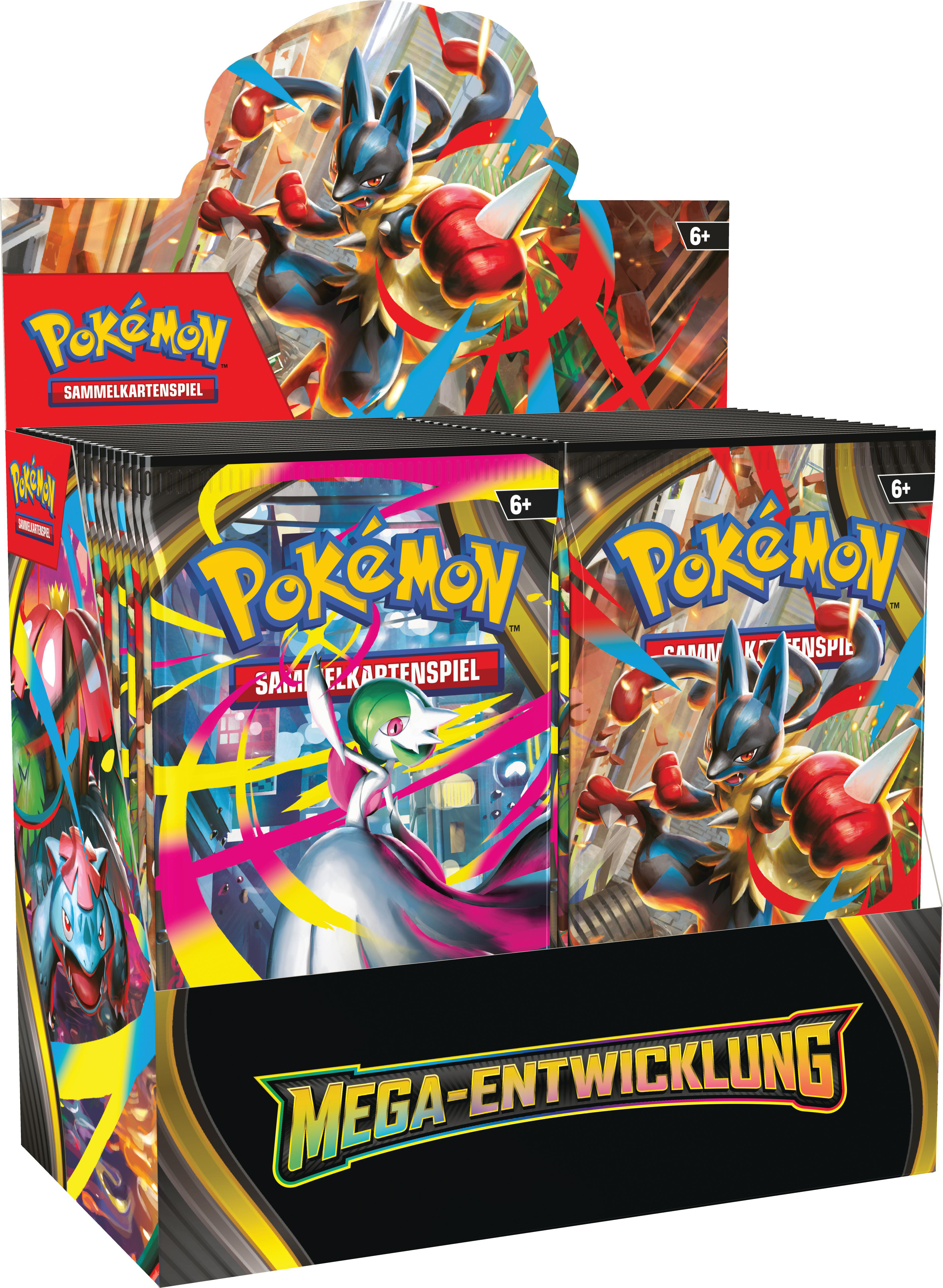 Eine Pokemon-Kartenspielbox. Enthält Bilder von Pokemon-Charakteren und den Text 'Mega-Entwicklung' und 'Pokemon'.