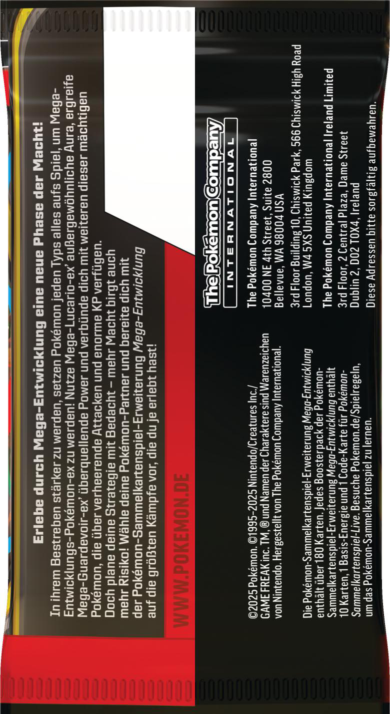 Eine Pokémon-Kartenpackung mit Text über Mega-Entwicklung, in Rot und Schwarz. Logos und Kontaktdaten sind sichtbar.