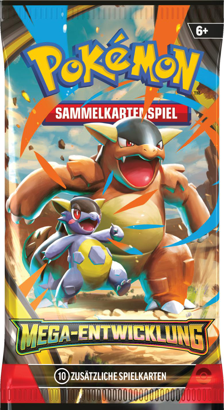 Pokemon-Kartenpackung mit zwei illustrierten Charakteren. Hinten ein großes oranges und vorne ein blaues. Der Text lautet 'Mega-Entwicklung'.