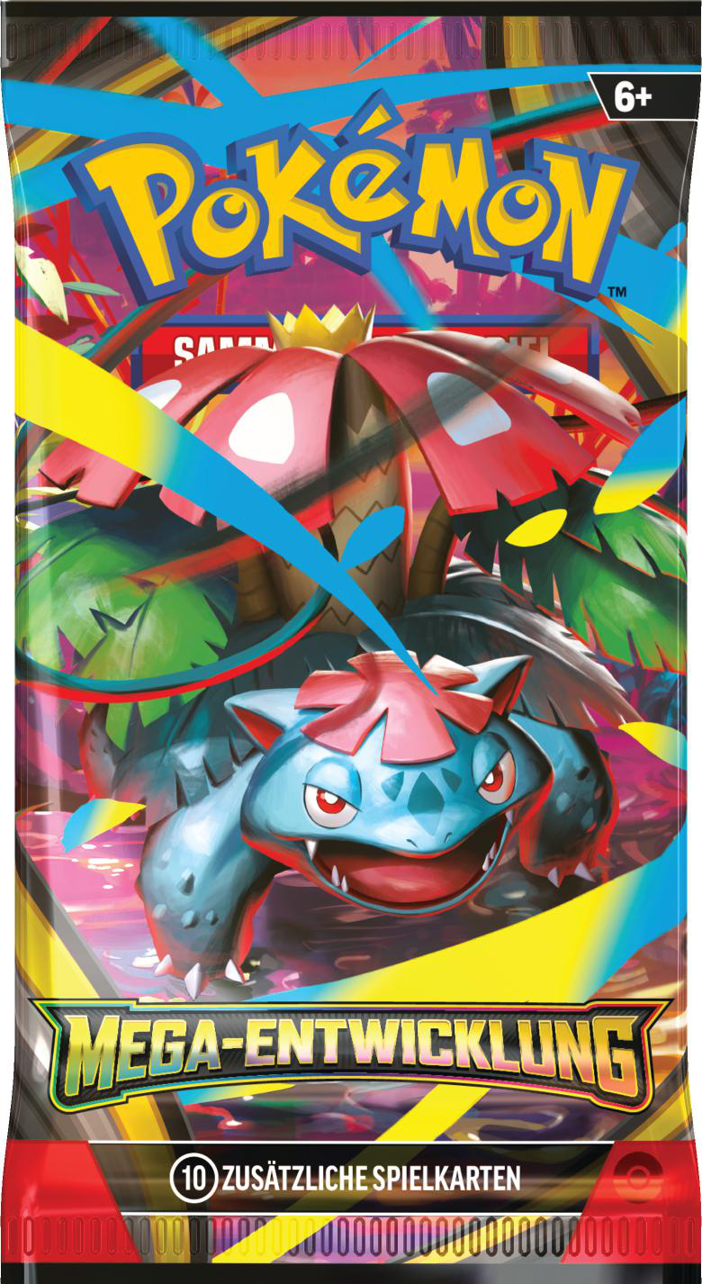 Pokemon-Kartenpackung mit einer blauen und roten Venusaur-Illustration. Die Packung enthält das Pokemon-Logo und Text auf Deutsch.