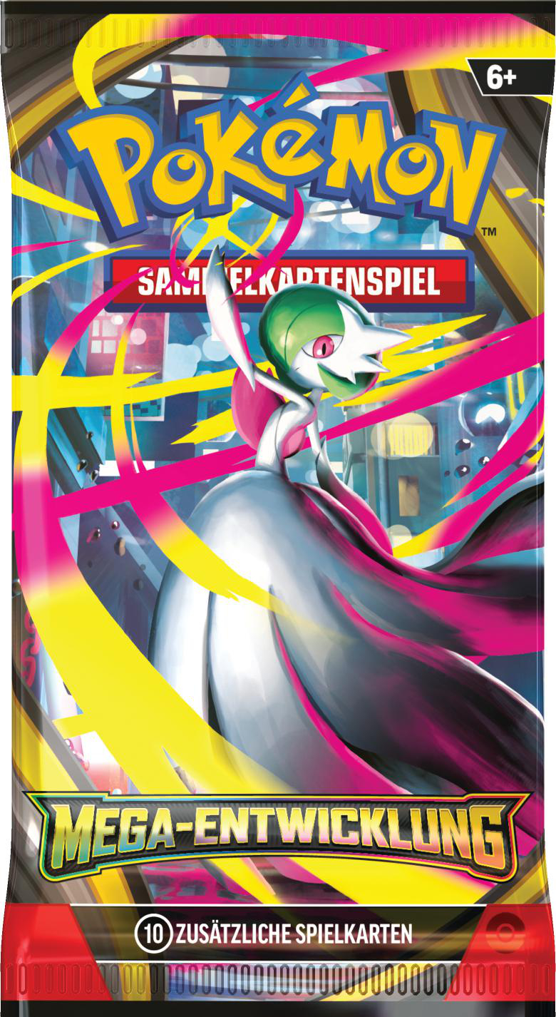 Eine Pokémon-Sammelkartenpackung mit einer Gardevoir-Illustration. Die Packung hat das Pokémon-Logo und Text auf Deutsch mit rotem und gelbem Hintergrund.