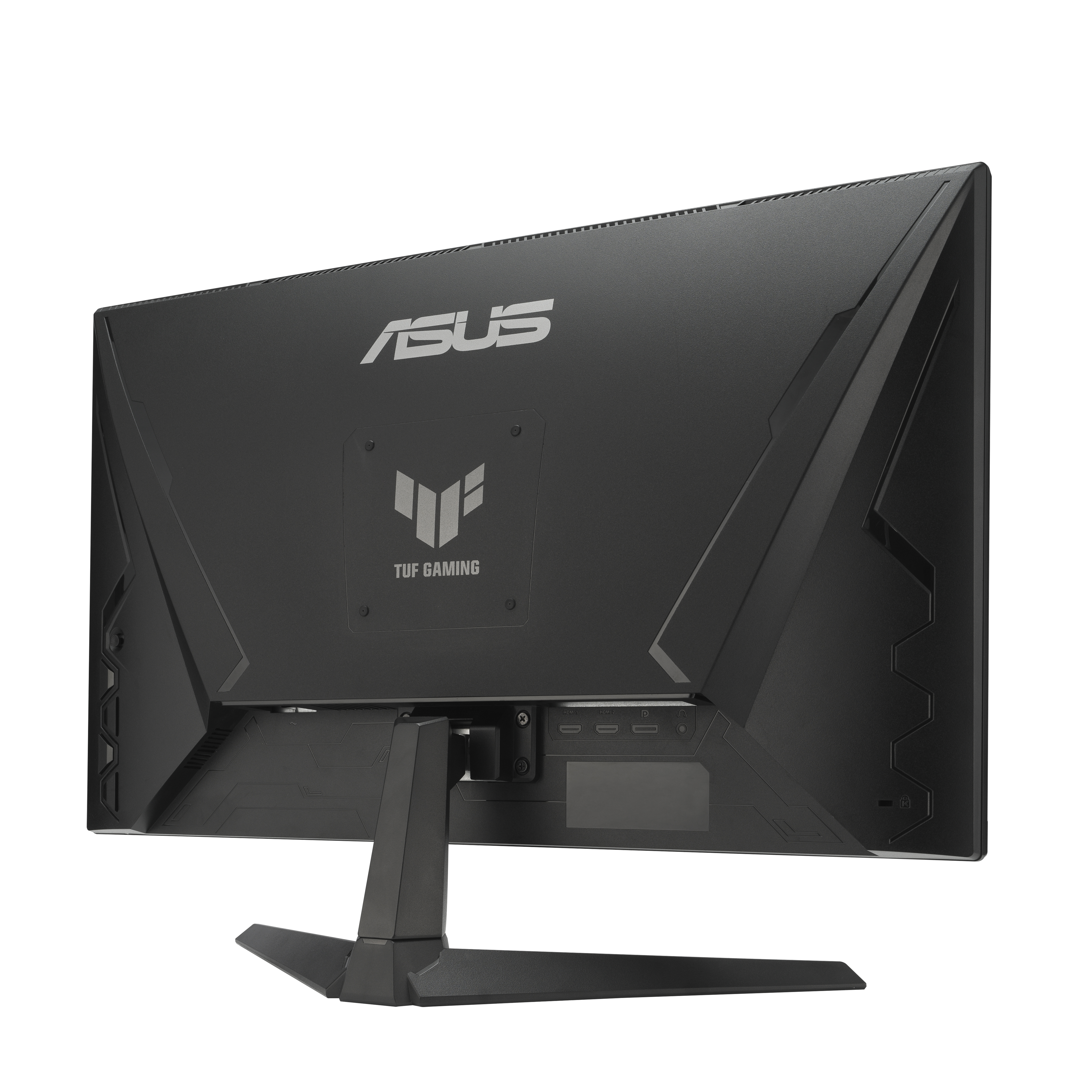 Black ASUS TUF Gaming monitor back. Features the brand logo and port access.