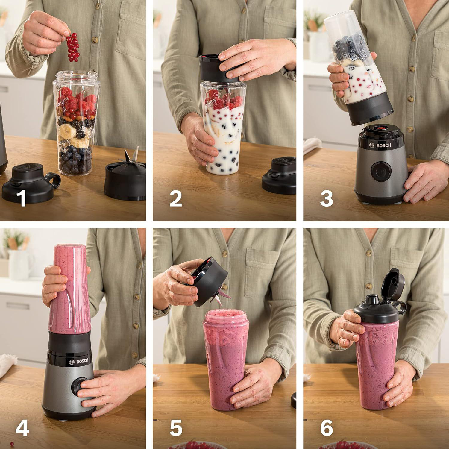 Eine Person bereitet einen Smoothie mit einem Mixer zu. Es beginnt mit dem Hinzufügen von Früchten, dann dem Mixen und schließlich dem Trinken aus dem Becher.