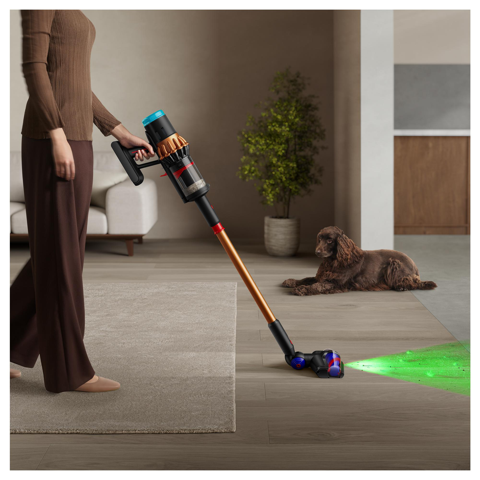 Eine Person saugt ein Zimmer mit einem Dyson-Staubsauger. Ein brauner Hund liegt auf dem Boden. Ein grünes Licht scheint vom Staubsauger.
