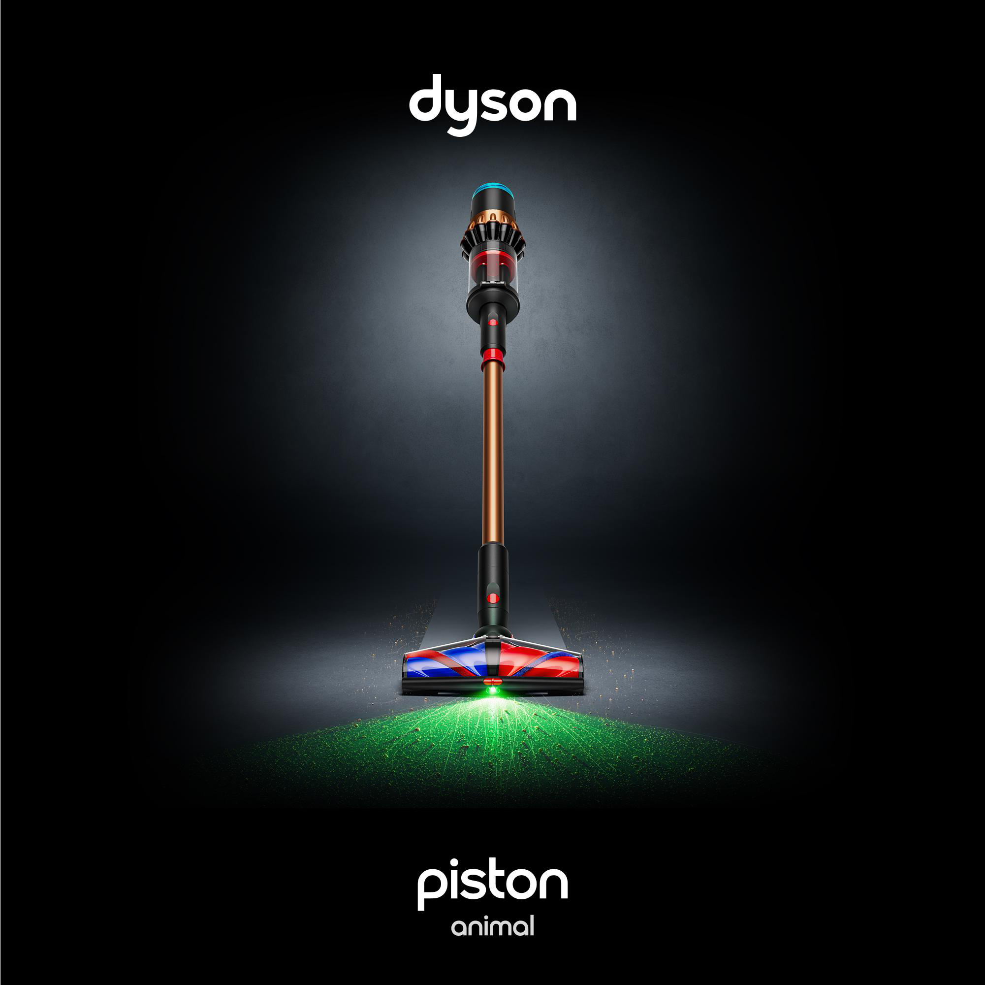Dyson Piston Animal Staubsauger auf dunklem Hintergrund. Der Kopf strahlt grünes Licht aus. Dyson-Logo oben.