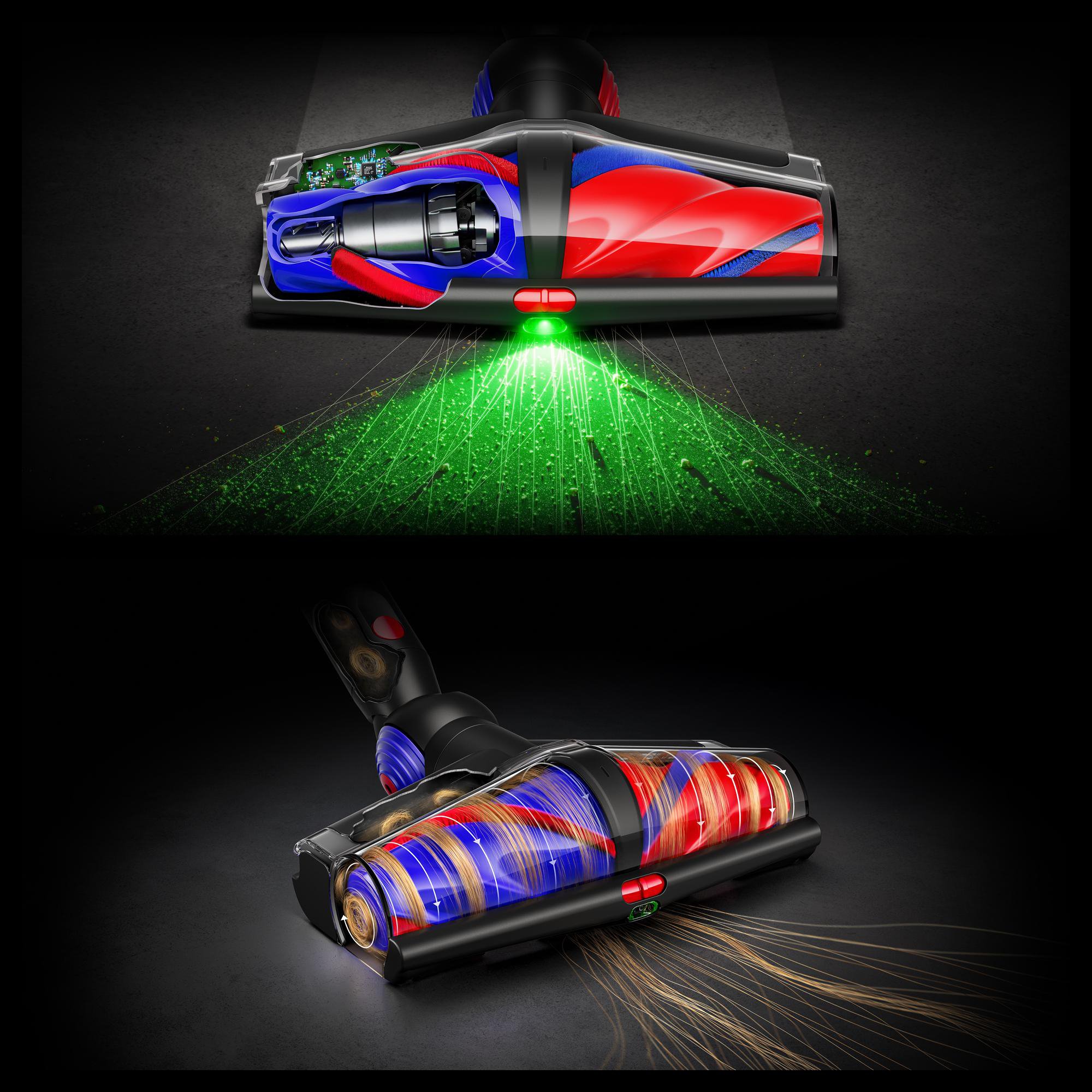 Vakuum-Reinigerkopf, Schnittansicht. Rote, blaue und schwarze Komponenten sind sichtbar. Grüner Laserstrahleffekt. Dunkler Hintergrund.