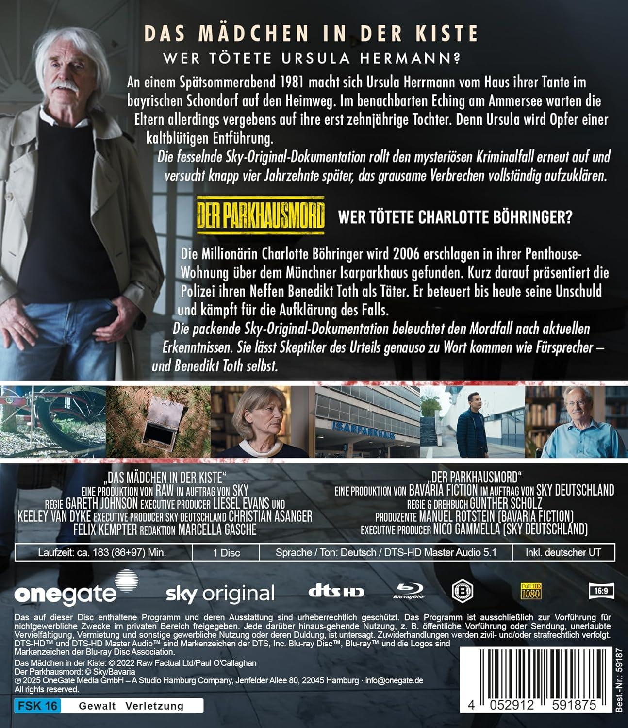 Filmcover mit einem Mann, Text über einen Mordfall und Logos.