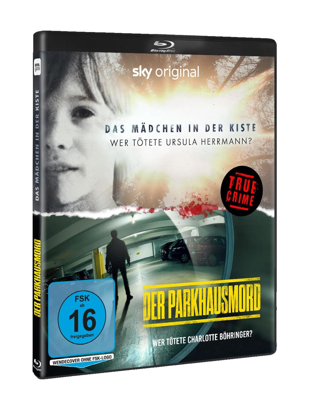 DVD-Cover eines True-Crime-Dokumentarfilms. Titel sind auf Deutsch: „Das Mädchen in der Kiste“ und „Der Parkhausmord“. Zeigt ein Mädchengesicht und ein Parkhaus.