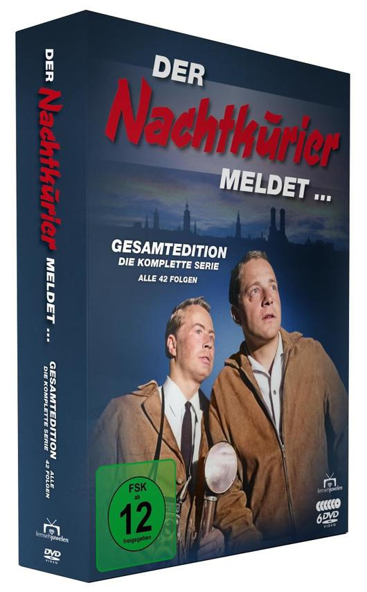 DVD-Cover mit zwei Männern in Mänteln, Titel "Der Nachtkurier meldet" und Skyline-Hintergrund. Bewertung FSK 12.