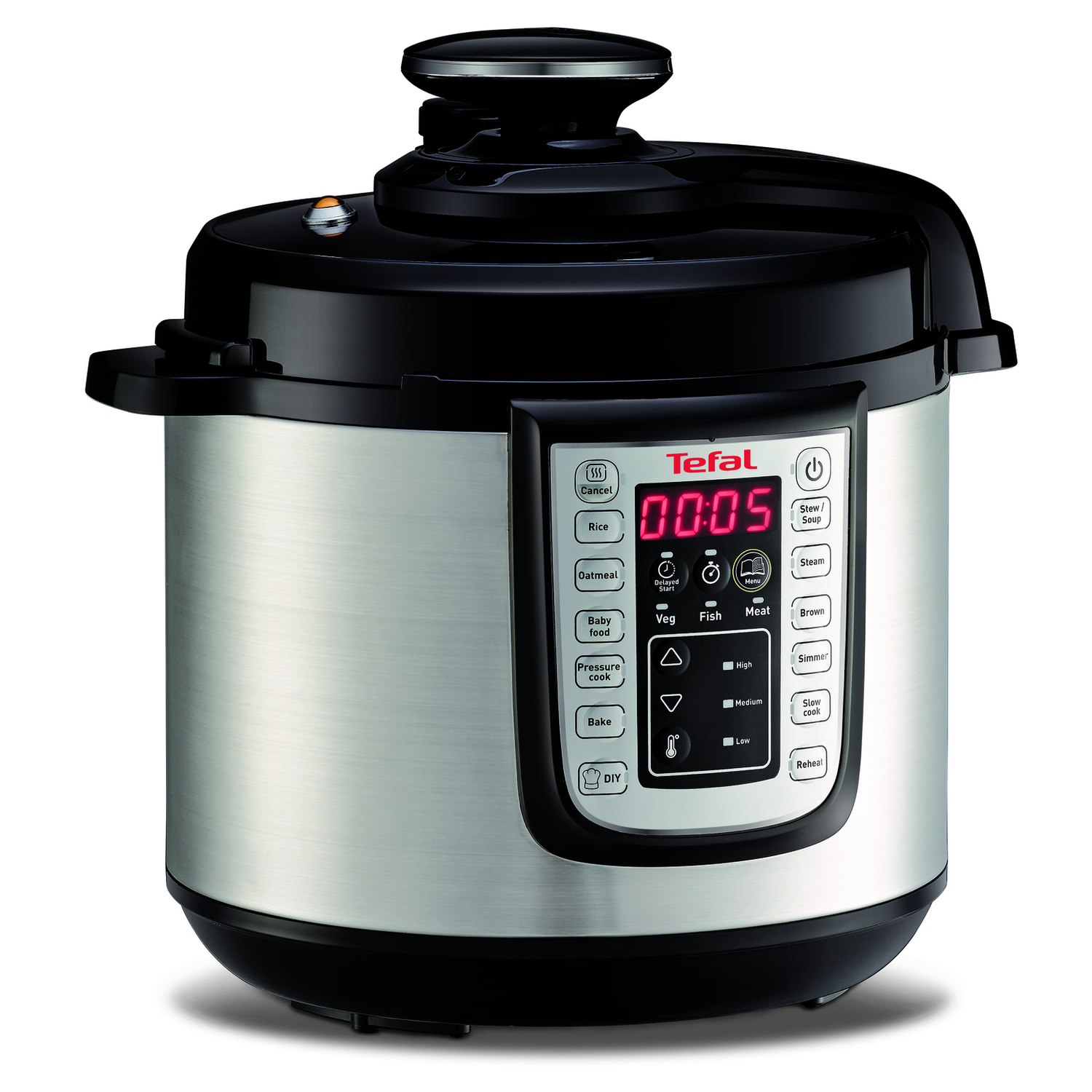 Een Tefal snelkookpan met een zwarte deksel en zilveren behuizing. Het heeft een digitaal display met '00:05' en diverse functieknoppen.