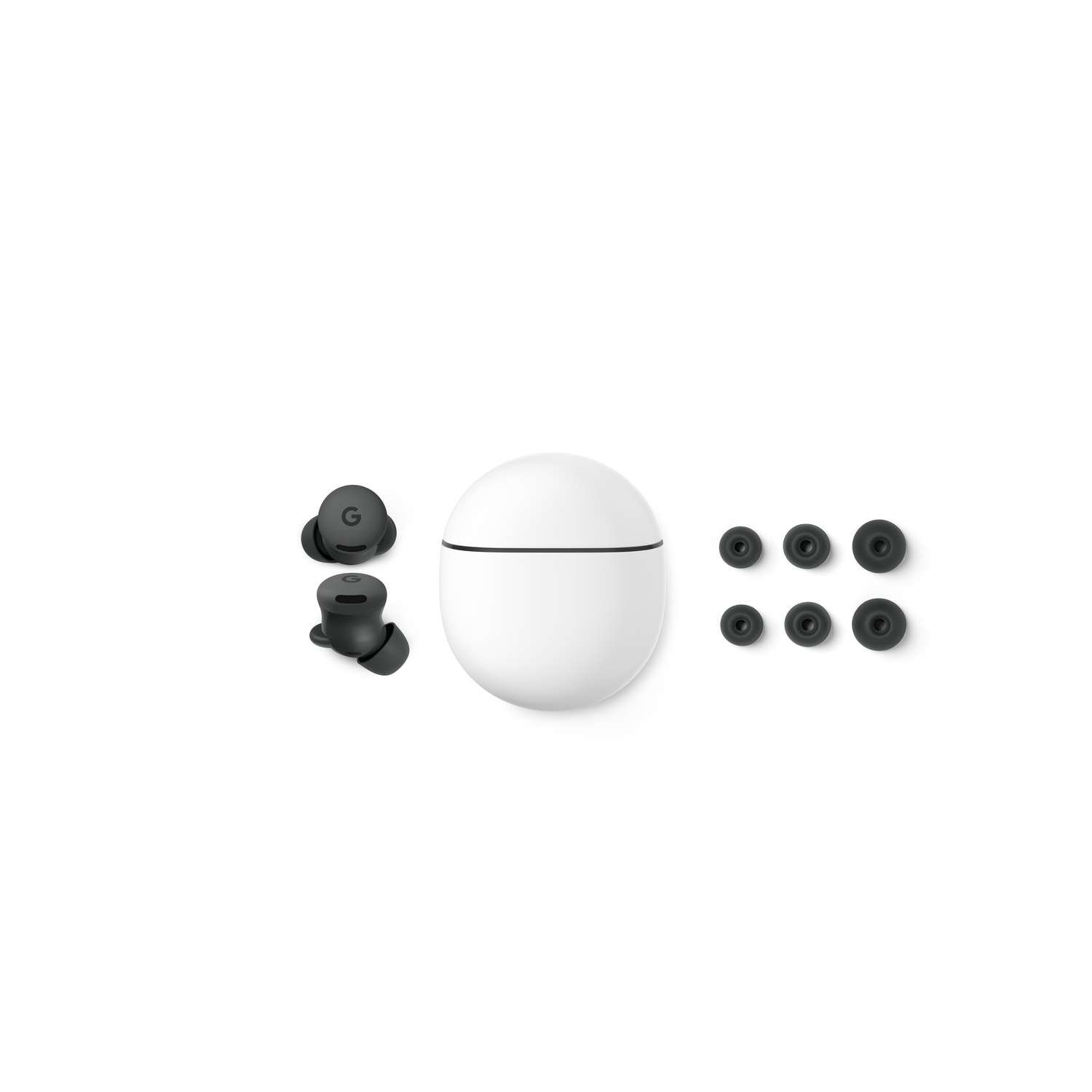 Vue de dessus d'écouteurs sans fil et accessoires sur fond blanc. Comprend écouteurs, étui de chargement et embouts auriculaires.