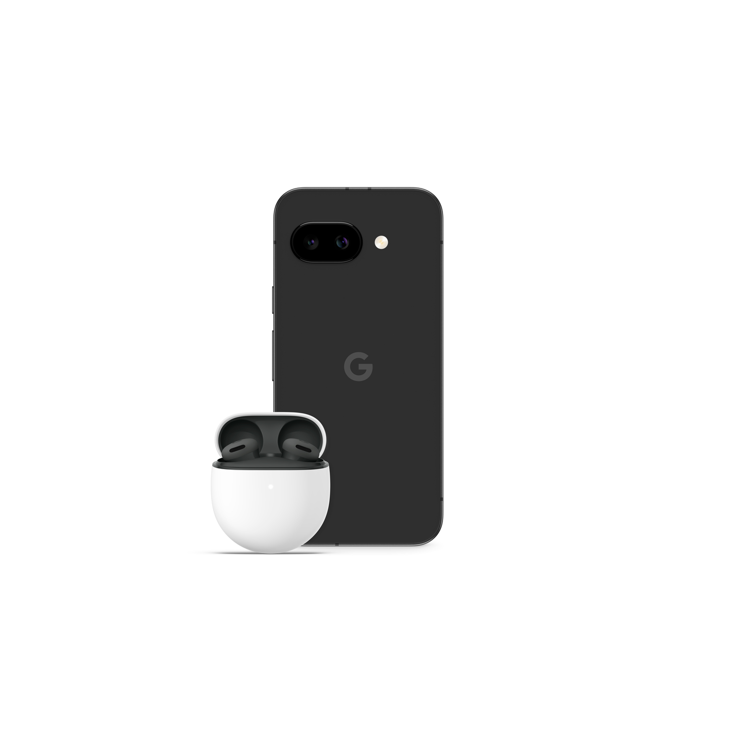 Un smartphone noir et un étui d'écouteurs blanc avec des écouteurs sont placés devant le téléphone sur fond blanc.