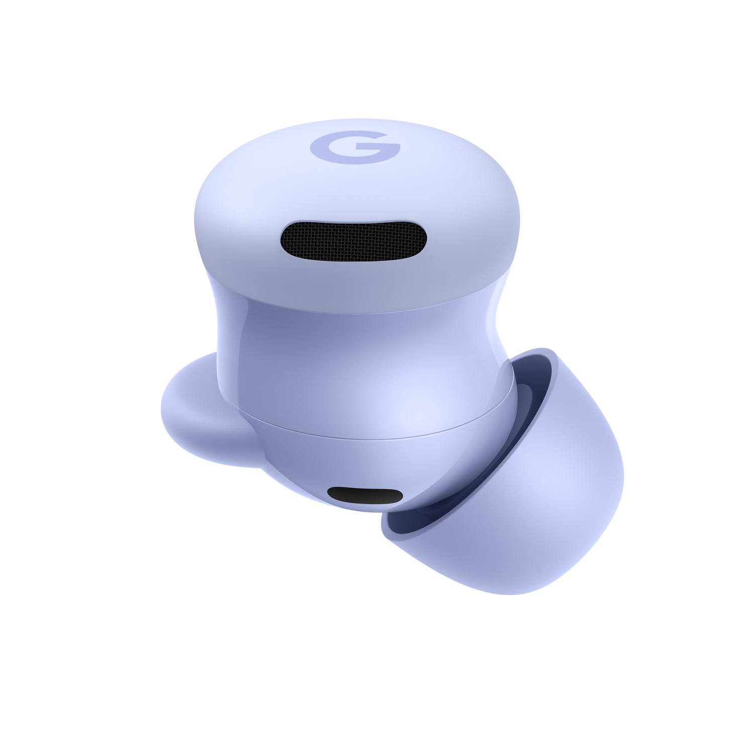 A light purple Google Pixel Buds earbud. The earbud has the Google logo on top and black speaker grill.