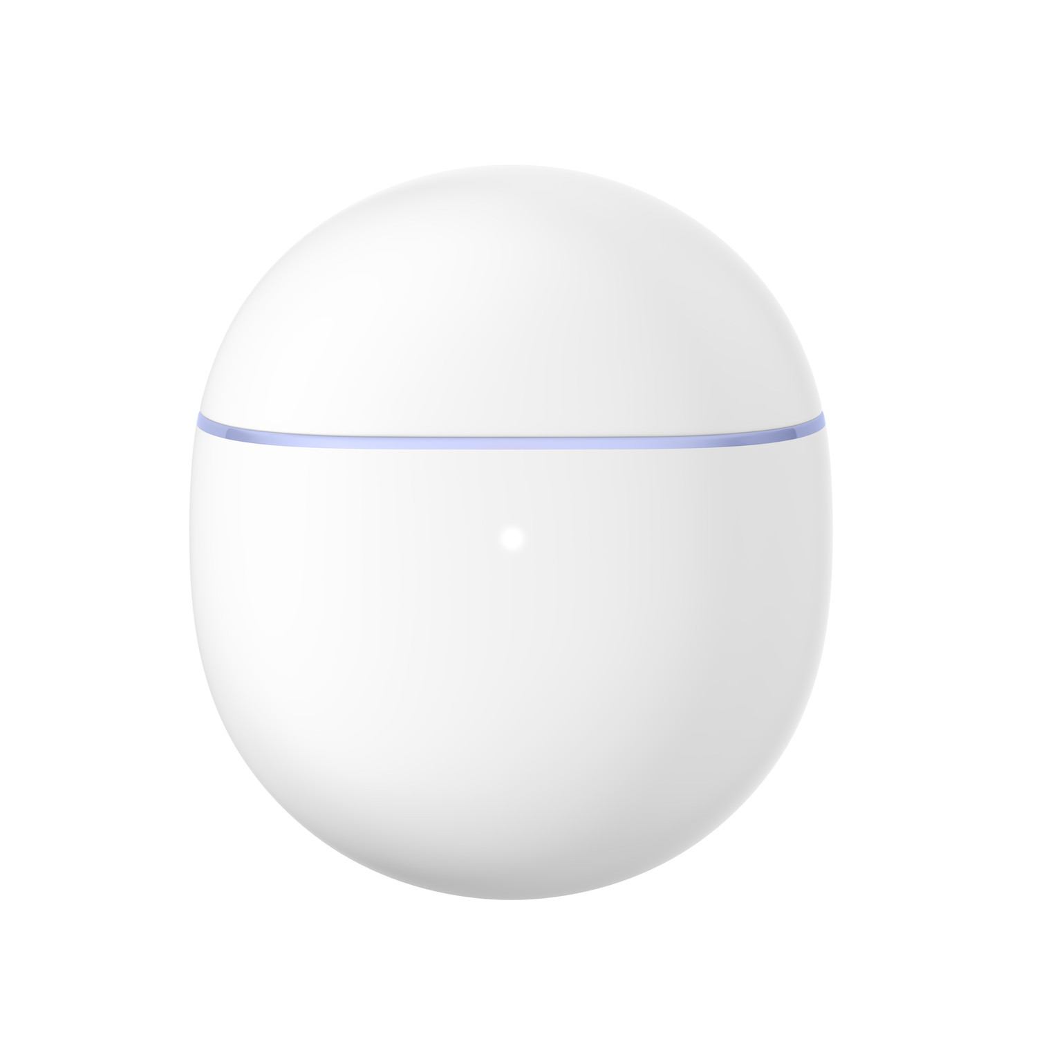 A white, spherical object with a subtle blue line around its middle. It sits against a plain white background.