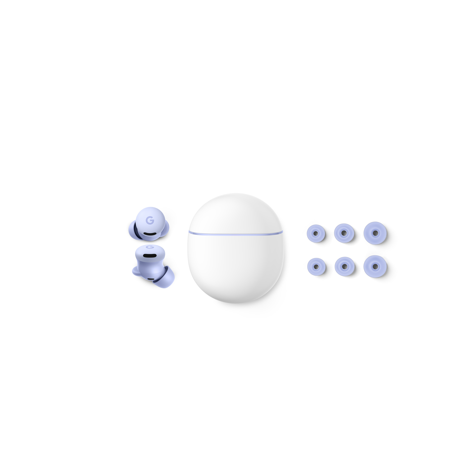 Image shows a white charging case, two earbuds, and extra ear tips. All items are lavender or white, against a white background.