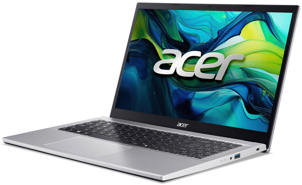 Ezüst Acer laptop. A képernyő színes absztrakt képet jelenít meg az Acer logóval. Billentyűzet látható. Szögletes nézet fehér háttéren.