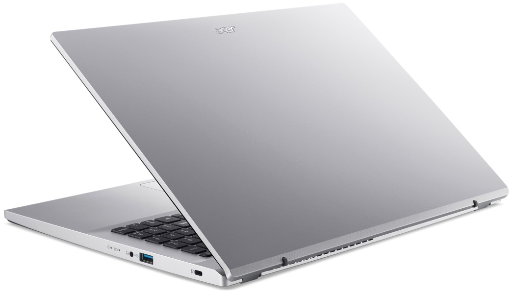 Ezüst Acer laptop, nyitva. Billentyűzet látható, képernyő megdöntve. Acer logó a fedélen. USB és audio portok láthatók.