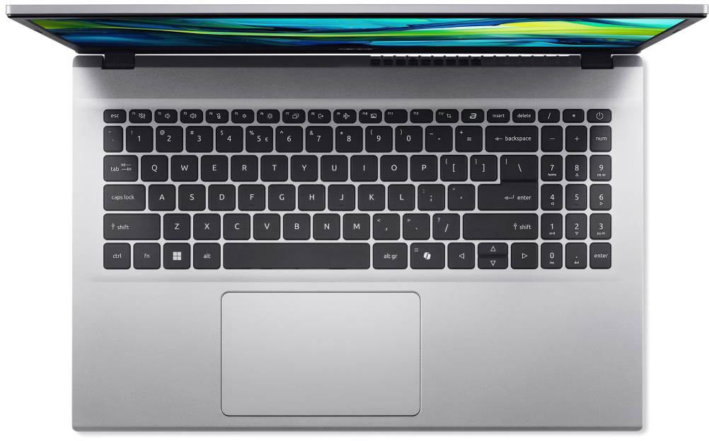 Felülnézet egy ezüst laptopról, fekete billentyűzettel, érintőpaddal és egy színes képet mutató képernyővel.