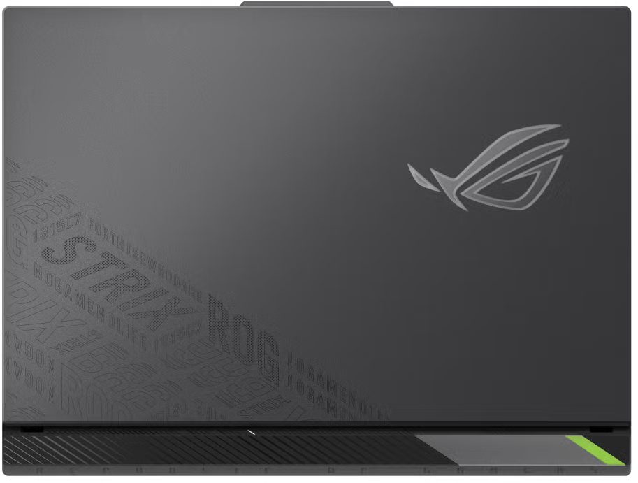 Sötétszürke laptopfedél ROG logóval és Strix felirattal. Zöld díszítések alul. A laptop le van csukva.