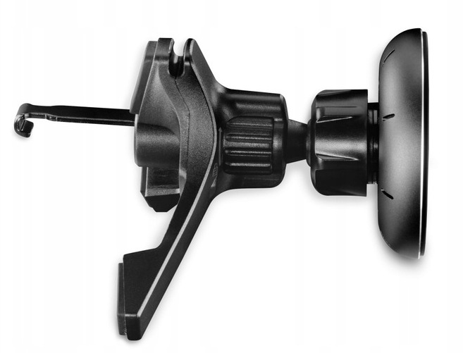 Czarny uchwyt samochodowy na telefon z mocowaniem magnetycznym. Posiada haczyk, regulowane ramię i okrągłą podstawę montażową.