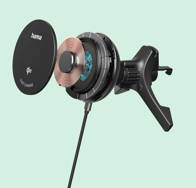 Czarny uchwyt samochodowy na telefon z odsłoniętymi elementami wewnętrznymi. Zawiera cewkę ładującą, kabel i uchwyt. Produkt oznaczony jako 'hama'.