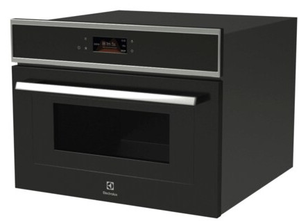 Czarny, wbudowany piekarnik mikrofalowy Electrolux. Posiada ekran, srebrne uchwyty i logo Electrolux.