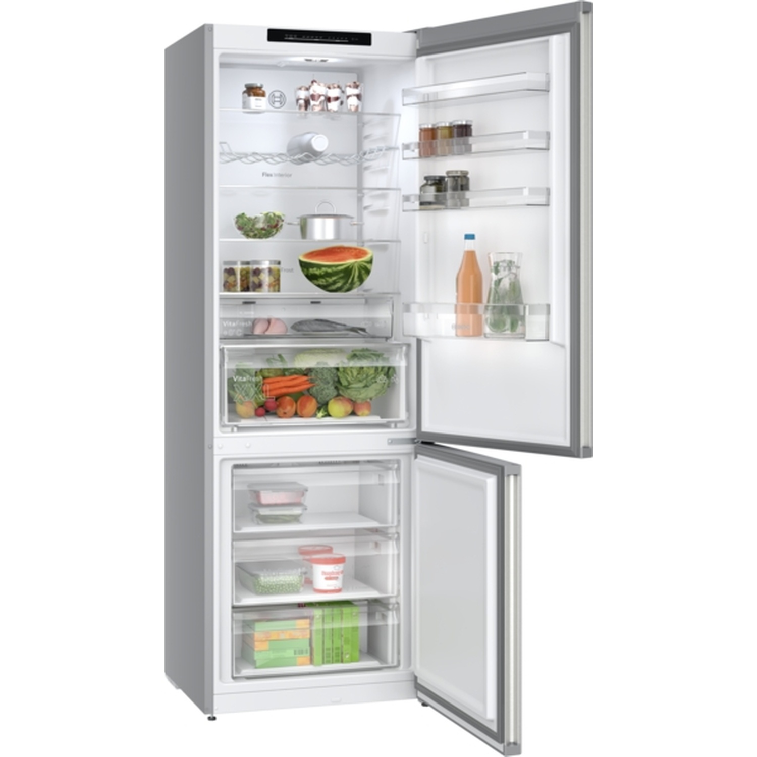 An open refrigerator with fruits, vegetables, and food items visible. The door is open, showcasing various shelves and compartments.