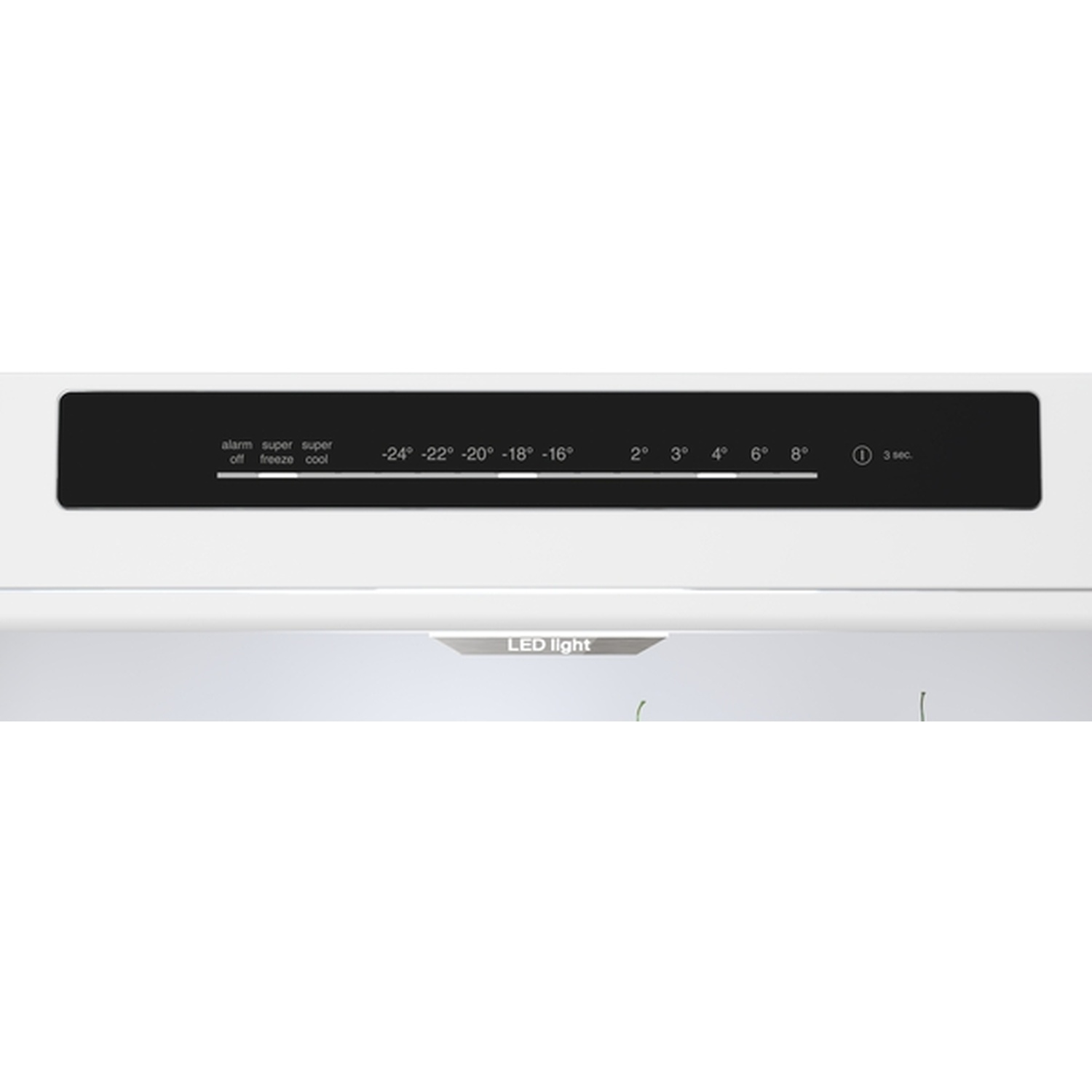 A refrigerator control panel displays settings for alarm, freeze, cool, and temperatures ranging from -24° to 8°, with an LED light indicator.